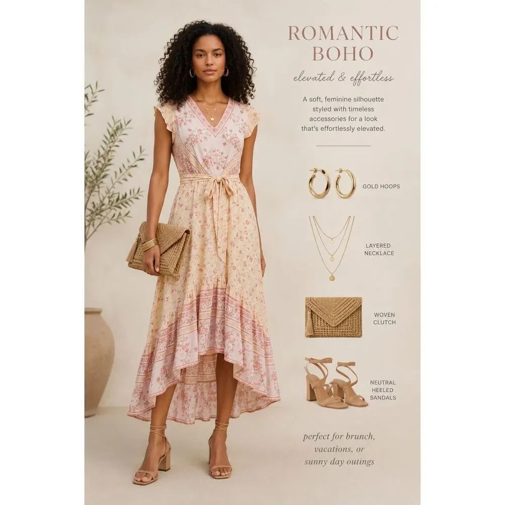 Romantic Boho Floral Maxi Dress | Flutter Sleeve Tie Waist | Cottagecore Vacatio
